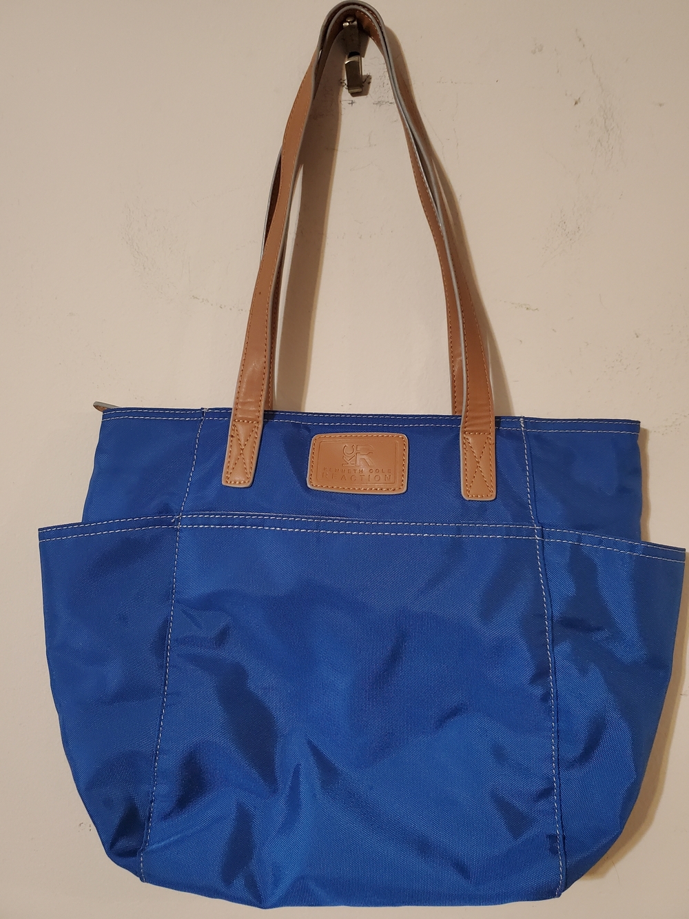 Kenneth Cole Cobalt Blue Tote Bag with Tan Handles NY Skyline